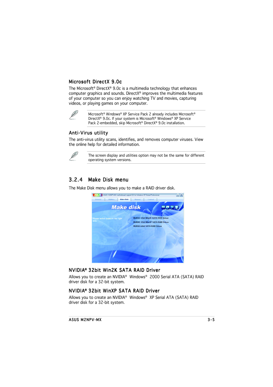 Asus M2NPV-MX manual Make Disk menu, Microsoft DirectX 9.0c, Anti-Virus utility, Nvidia 32bit Win2K Sata RAID Driver 