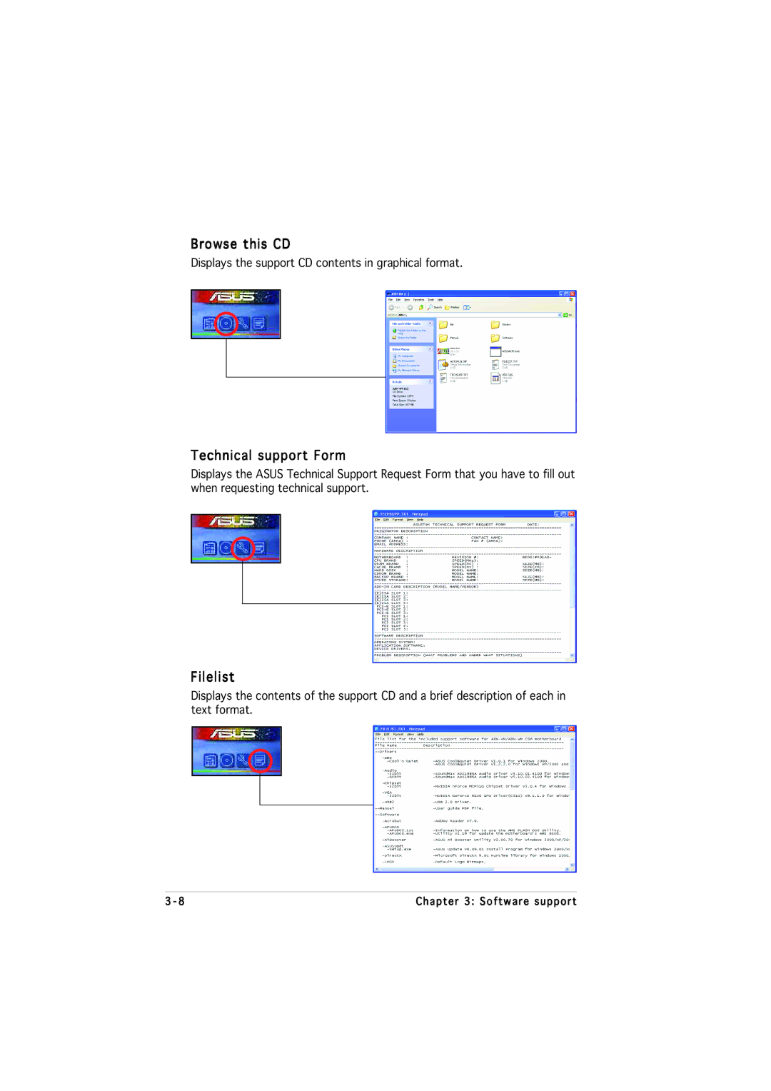 Asus M2NPV-MX manual Browse this CD, Technical support Form, Filelist 