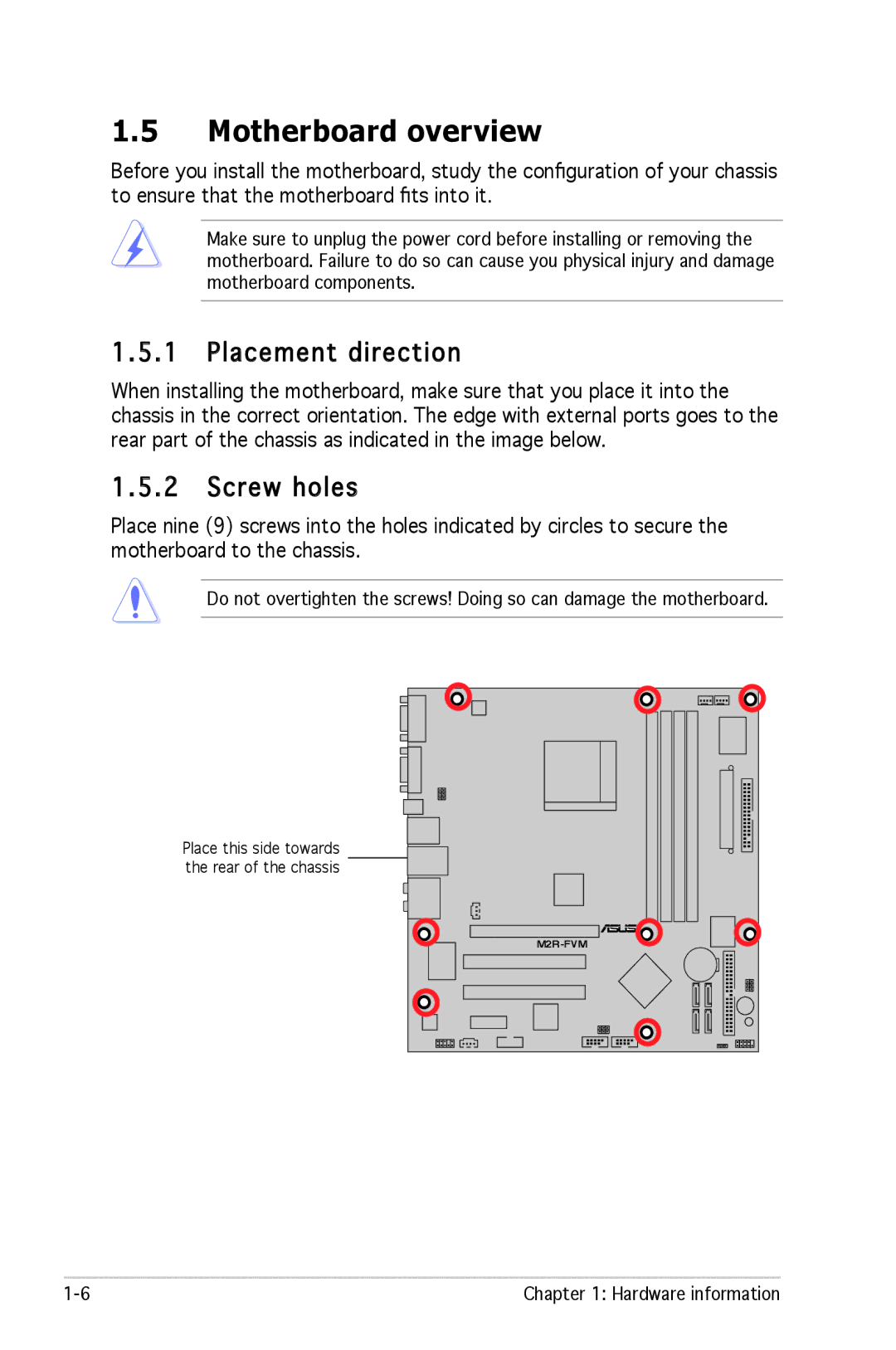 Asus M2R-FVM manual Motherboard overview, Placement direction, Screw holes 