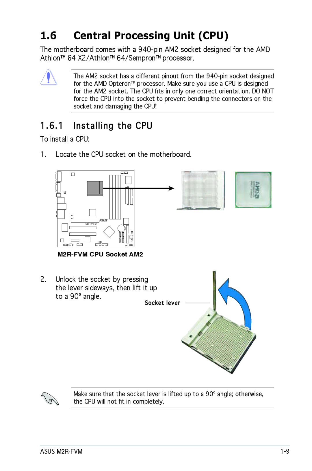 Asus M2R-FVM Central Processing Unit CPU, Installing the CPU, To install a CPU Locate the CPU socket on the motherboard 