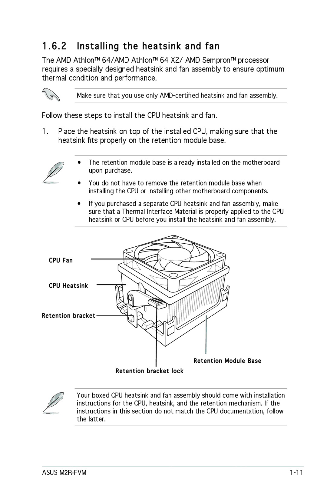 Asus M2R-FVM manual Installing the heatsink and fan 