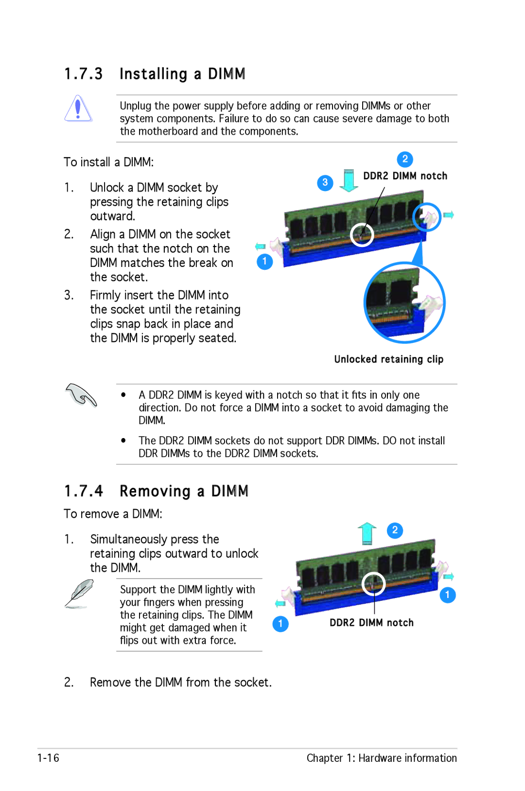 Asus M2R-FVM manual Installing a Dimm, Removing a Dimm To remove a Dimm, To install a Dimm, Remove the Dimm from the socket 