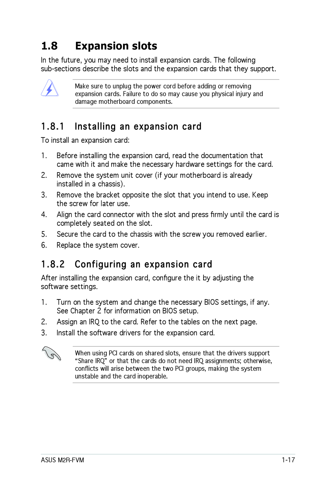 Asus M2R-FVM Expansion slots, Installing an expansion card, Configuring an expansion card, To install an expansion card 