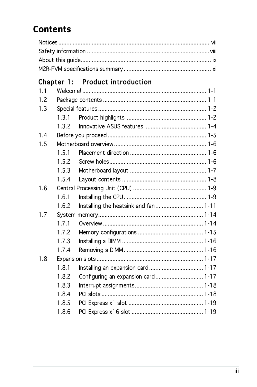 Asus M2R-FVM manual Contents 