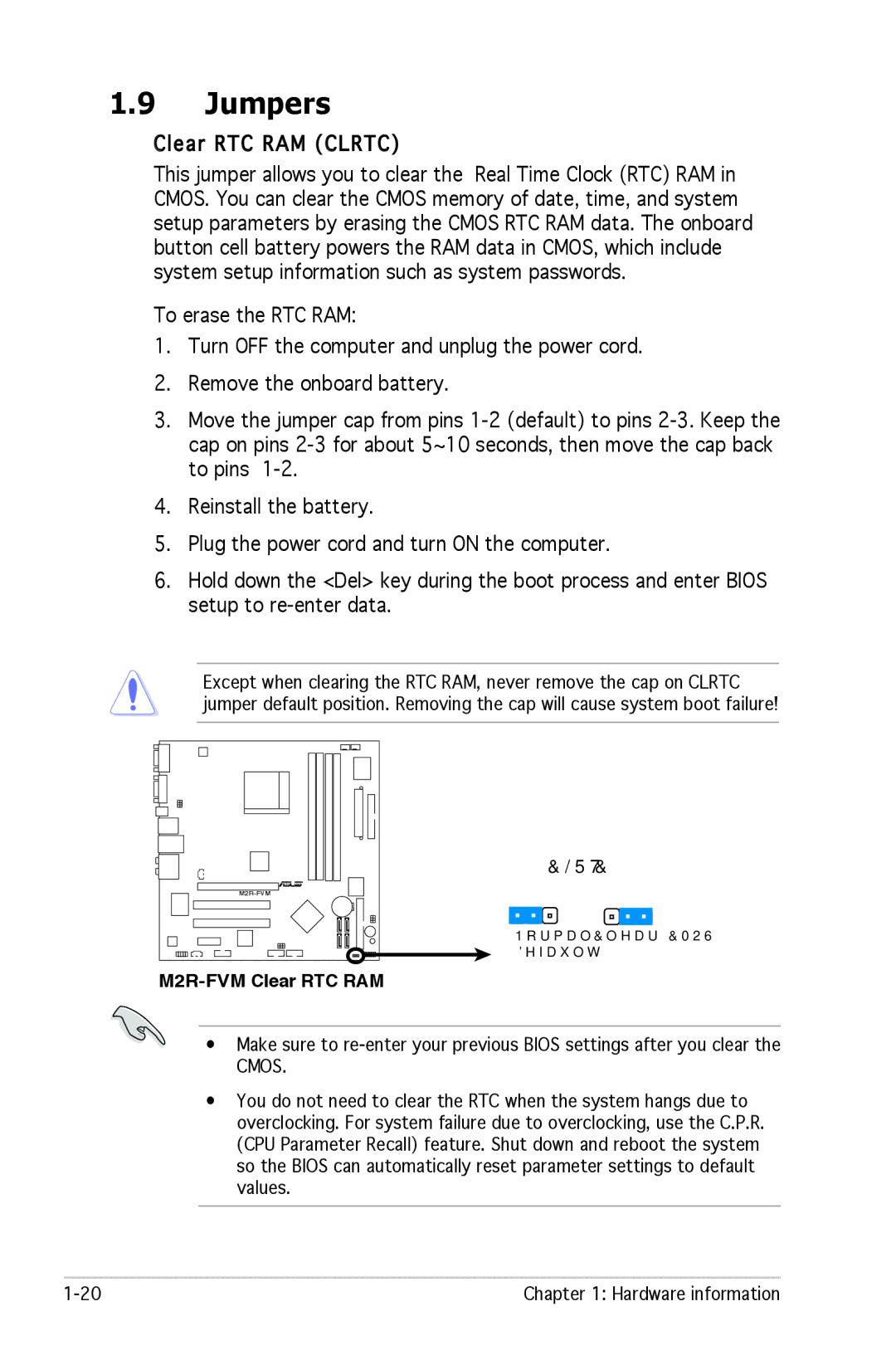 Asus manual Jumpers, Clear RTC RAM Clrtc, M2R-FVM Clear RTC RAM 