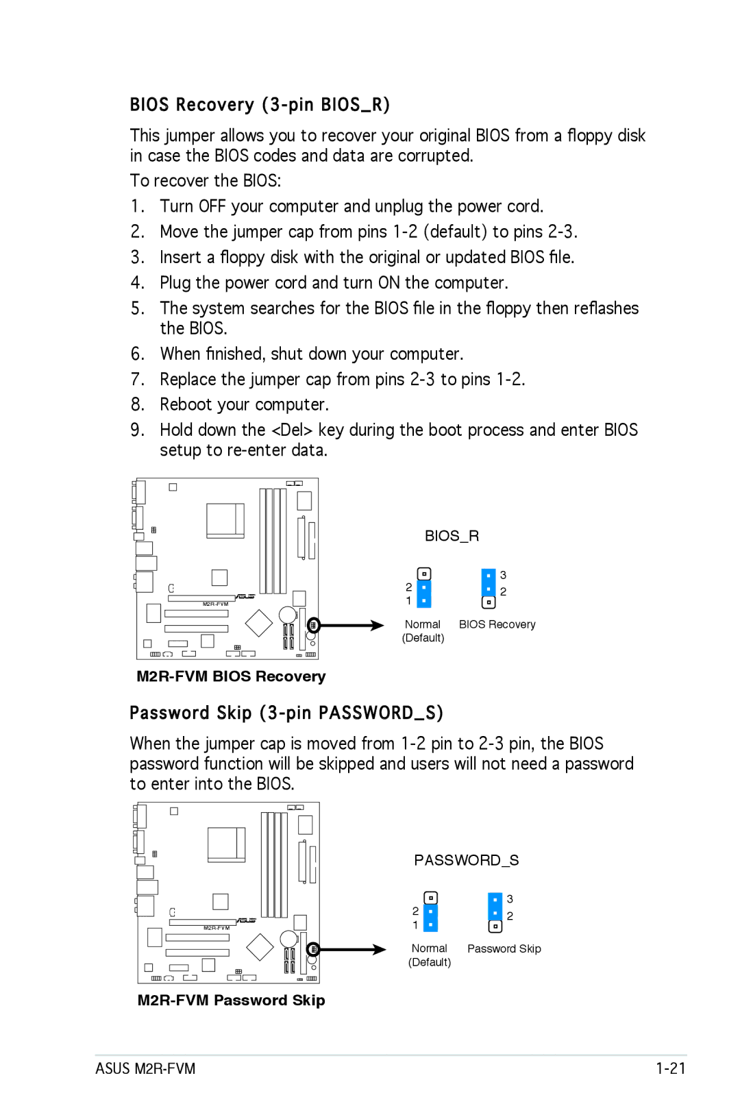 Asus manual M2R-FVM Bios Recovery, M2R-FVM Password Skip 