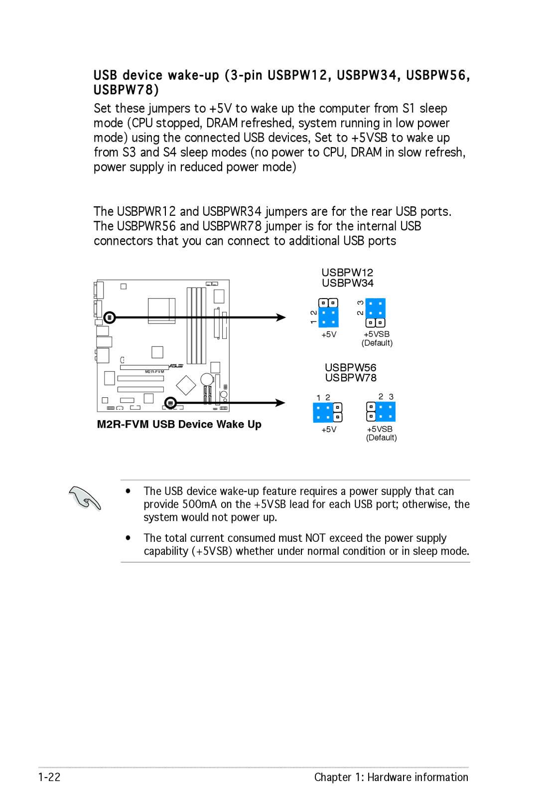 Asus manual M2R-FVM USB Device Wake Up, USBPW56 USBPW78 