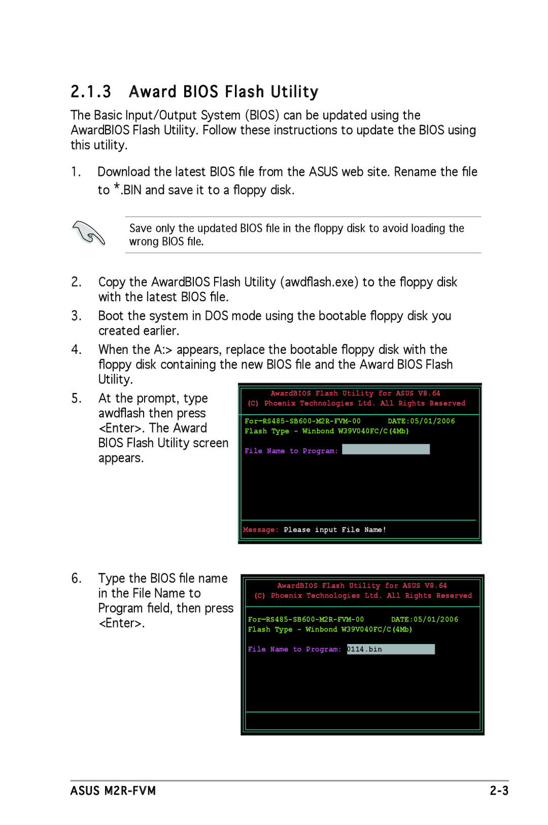 Asus M2R-FVM manual Award Bios Flash Utility, Message Please input File Name 