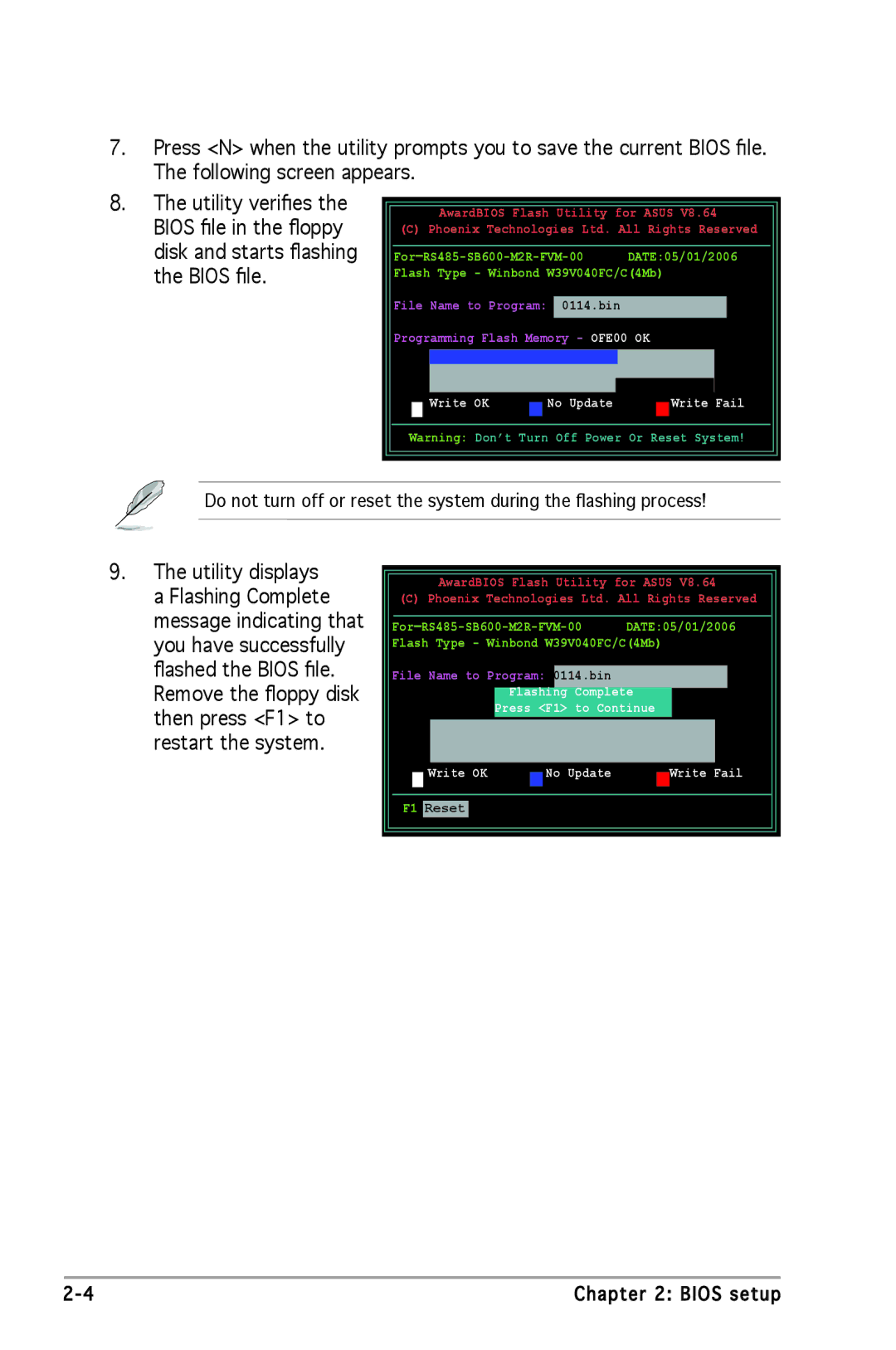 Asus M2R-FVM manual Write OK No Update Write Fail, Flashing Complete, Press F1 to Continue 