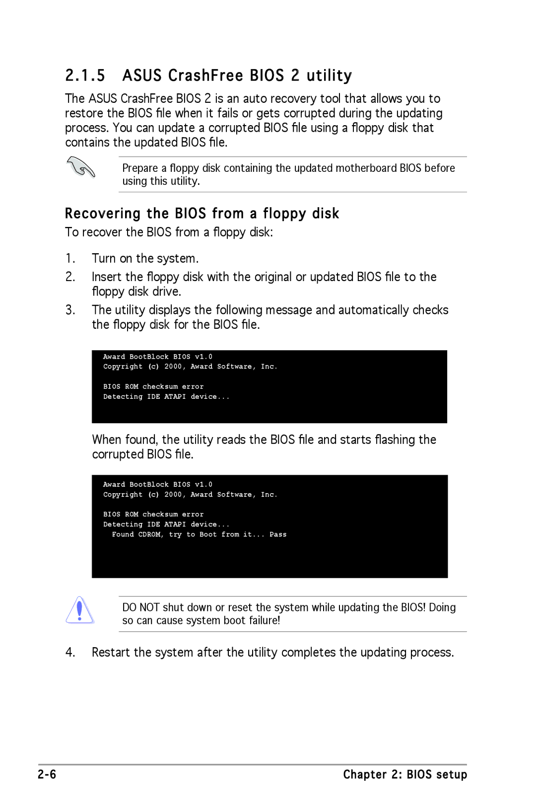 Asus M2R-FVM manual Asus CrashFree Bios 2 utility, Recovering the Bios from a floppy disk 