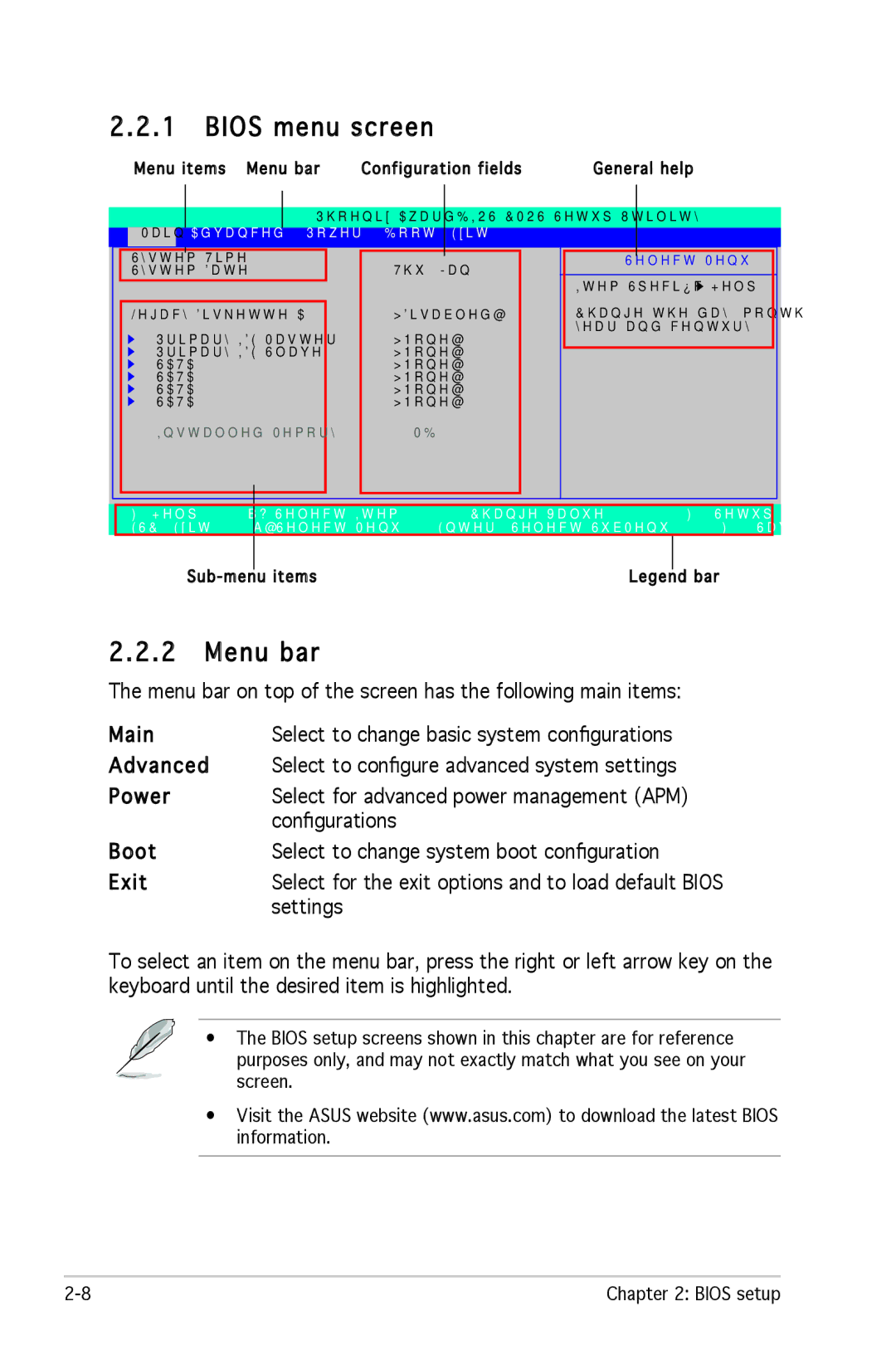 Asus M2R-FVM manual Bios menu screen, Menu bar, Settings 