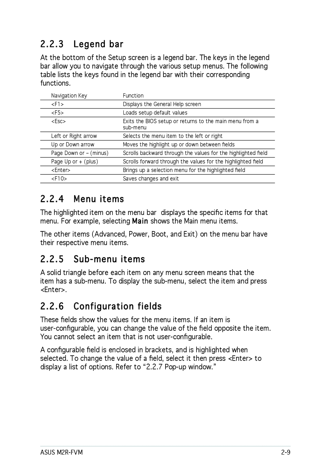 Asus M2R-FVM manual Menu items, Sub-menu items, Configuration fields 