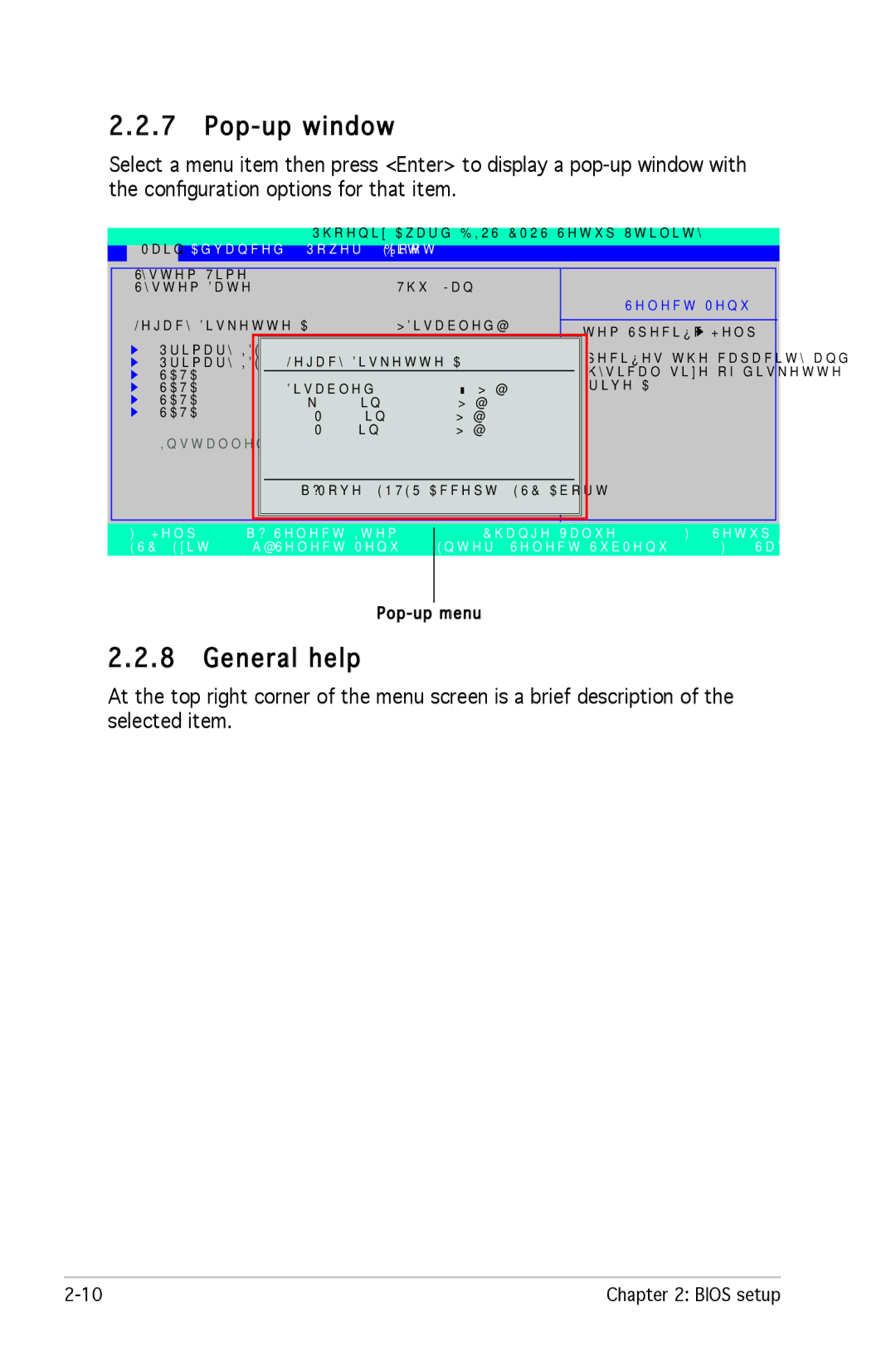 Asus M2R-FVM manual Pop-up window, General help, Advanced Power, F1Help, ESC Exit 