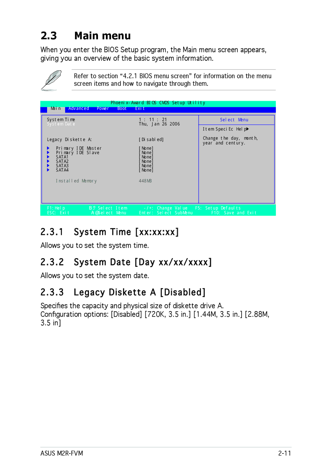 Asus M2R-FVM manual Main menu, System Time, System Date Day xx/xx/xxxx, Legacy Diskette a Disabled 