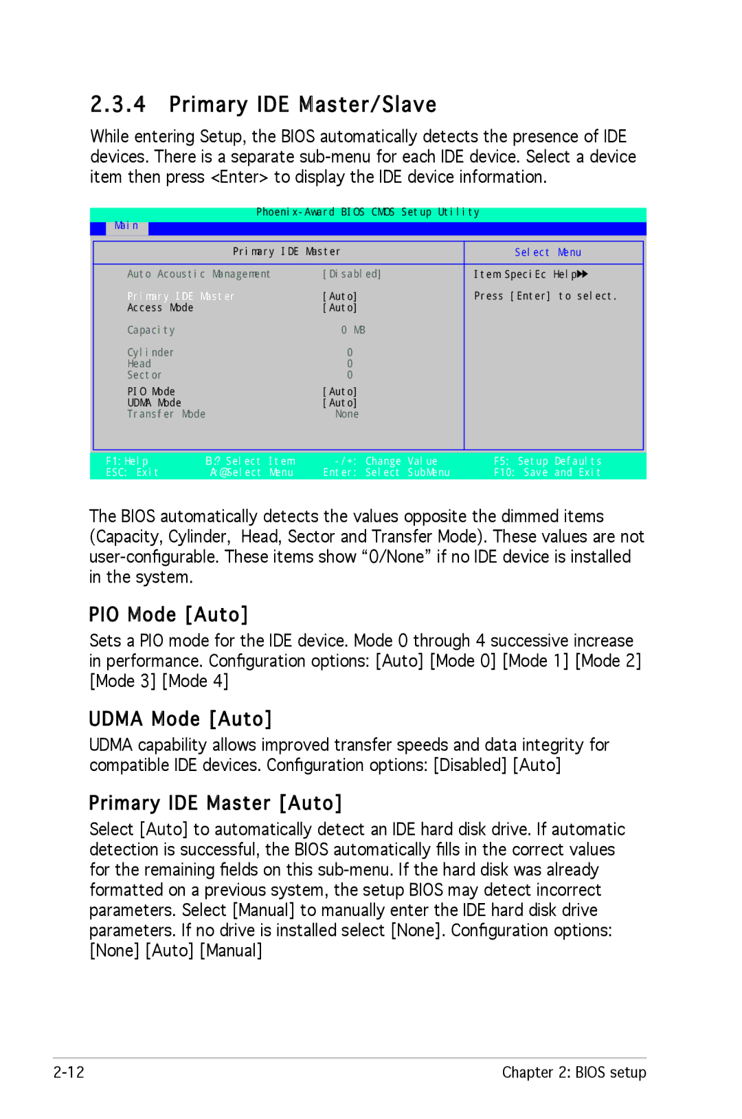 Asus M2R-FVM manual Primary IDE Master/Slave, PIO Mode Auto, Udma Mode Auto, Primary IDE Master Auto 