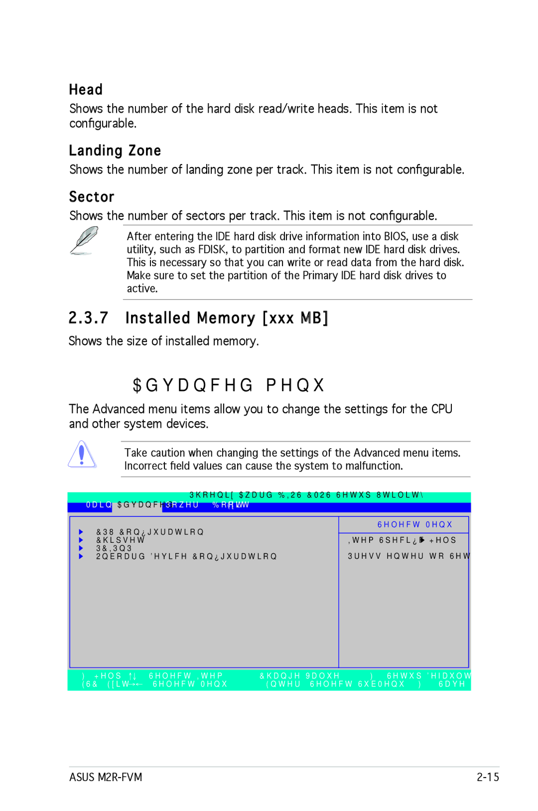 Asus M2R-FVM manual Advanced menu, Installed Memory xxx MB, Landing Zone, Shows the size of installed memory 