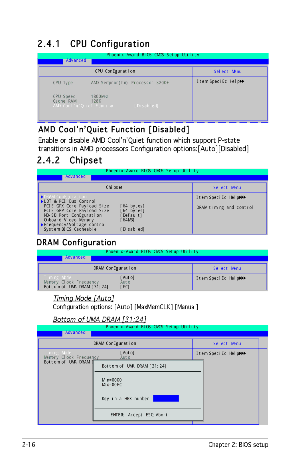 Asus M2R-FVM manual AMD CoolʼnʼQuiet Function Disabled, Dram Configuration, Timing Mode Auto, Bottom of UMA Dram 