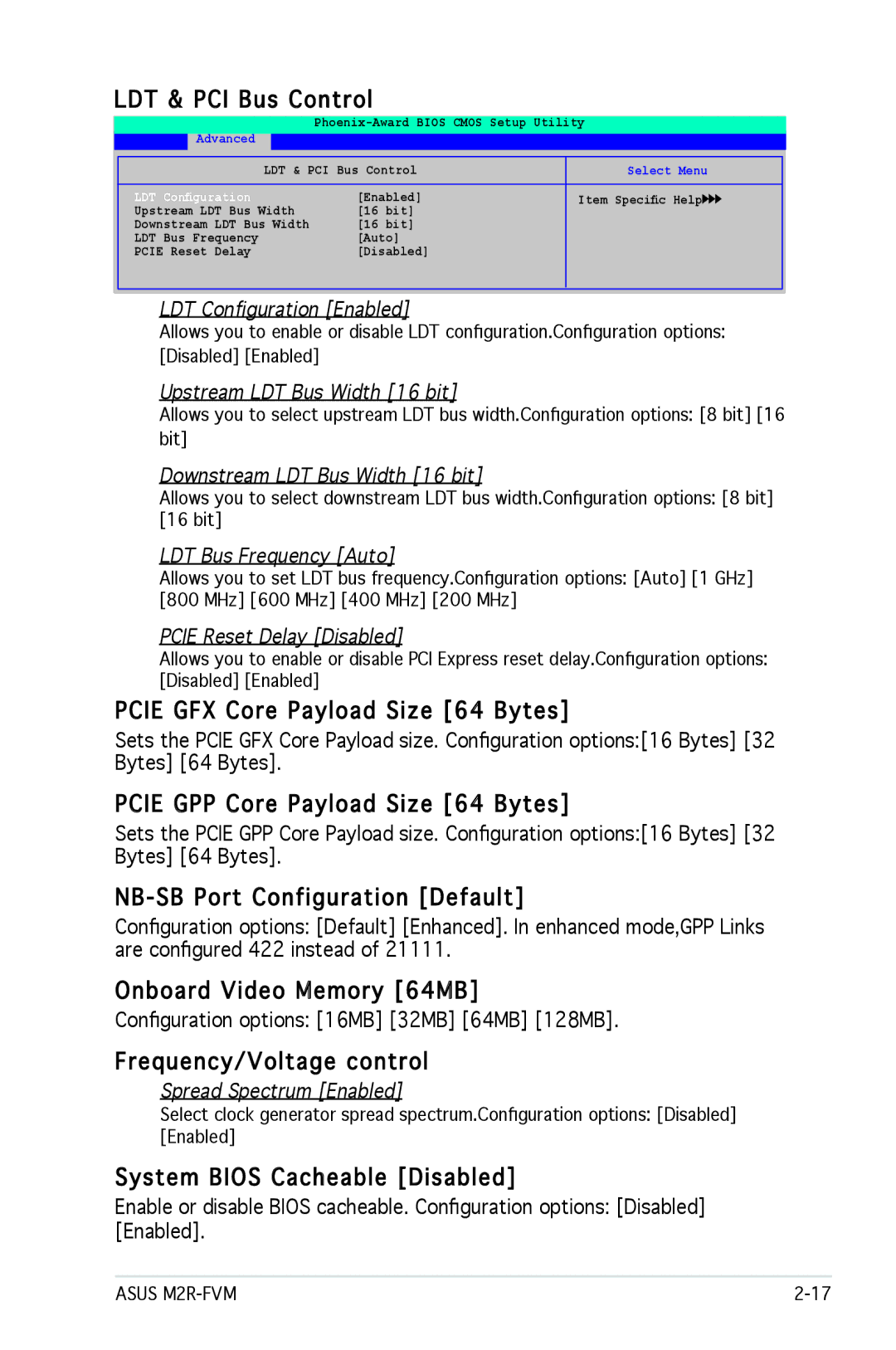 Asus M2R-FVM manual LDT & PCI Bus Control, Pcie GFX Core Payload Size 64 Bytes, Pcie GPP Core Payload Size 64 Bytes 