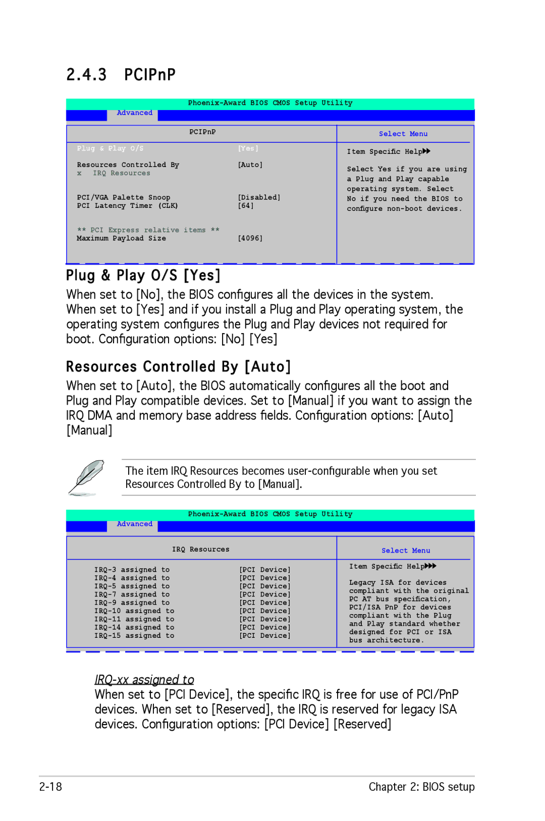 Asus M2R-FVM manual Plug & Play O/S Yes, Resources Controlled By Auto, IRQ-xx assigned to 