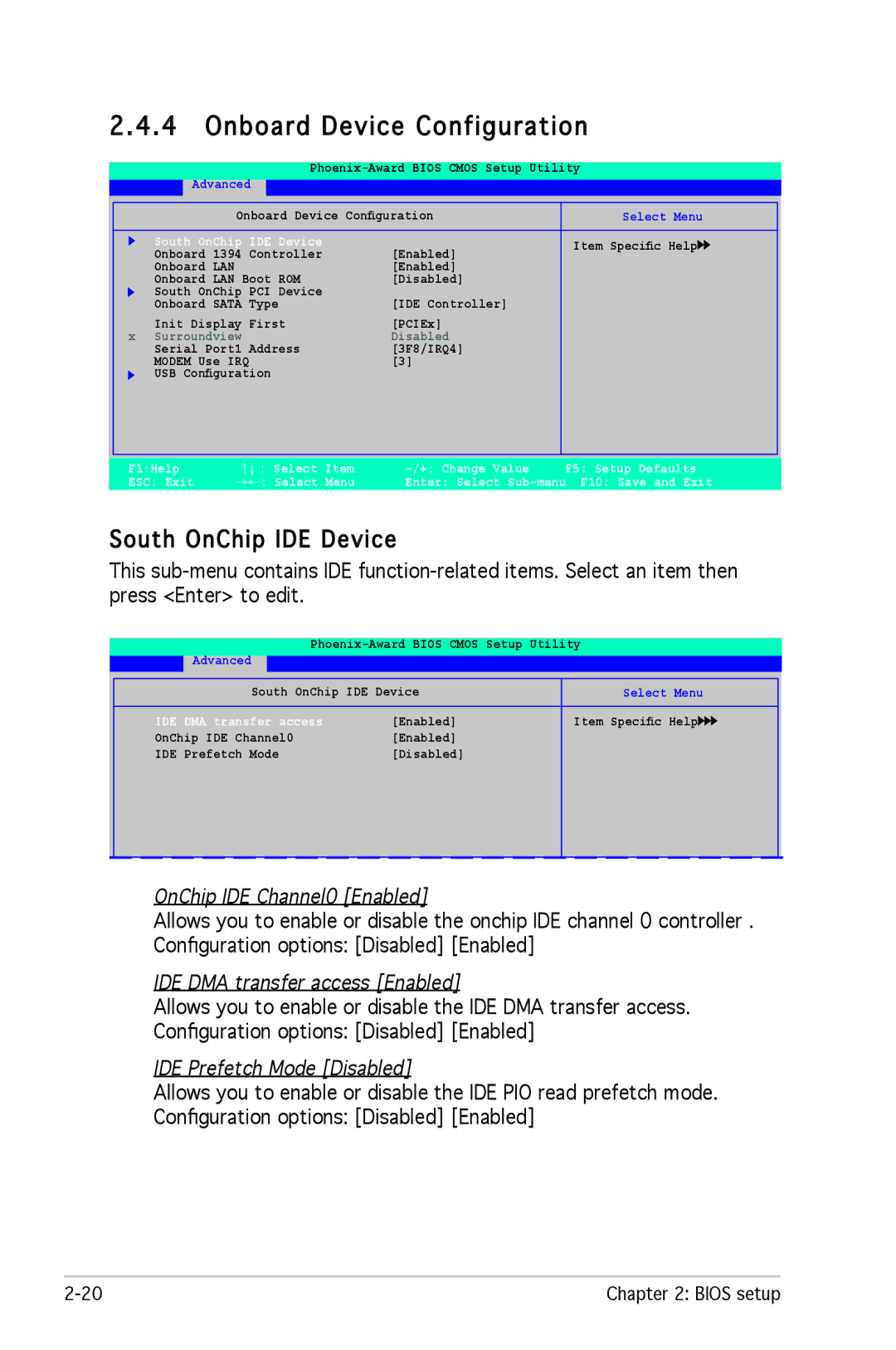 Asus M2R-FVM manual Onboard Device Configuration, South OnChip IDE Device, OnChip IDE Channel0 Enabled 