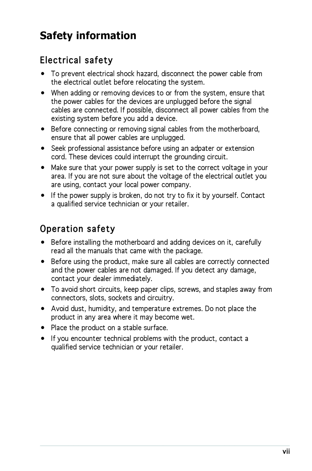 Asus M2R-FVM manual Safety information, Electrical safety, Operation safety 