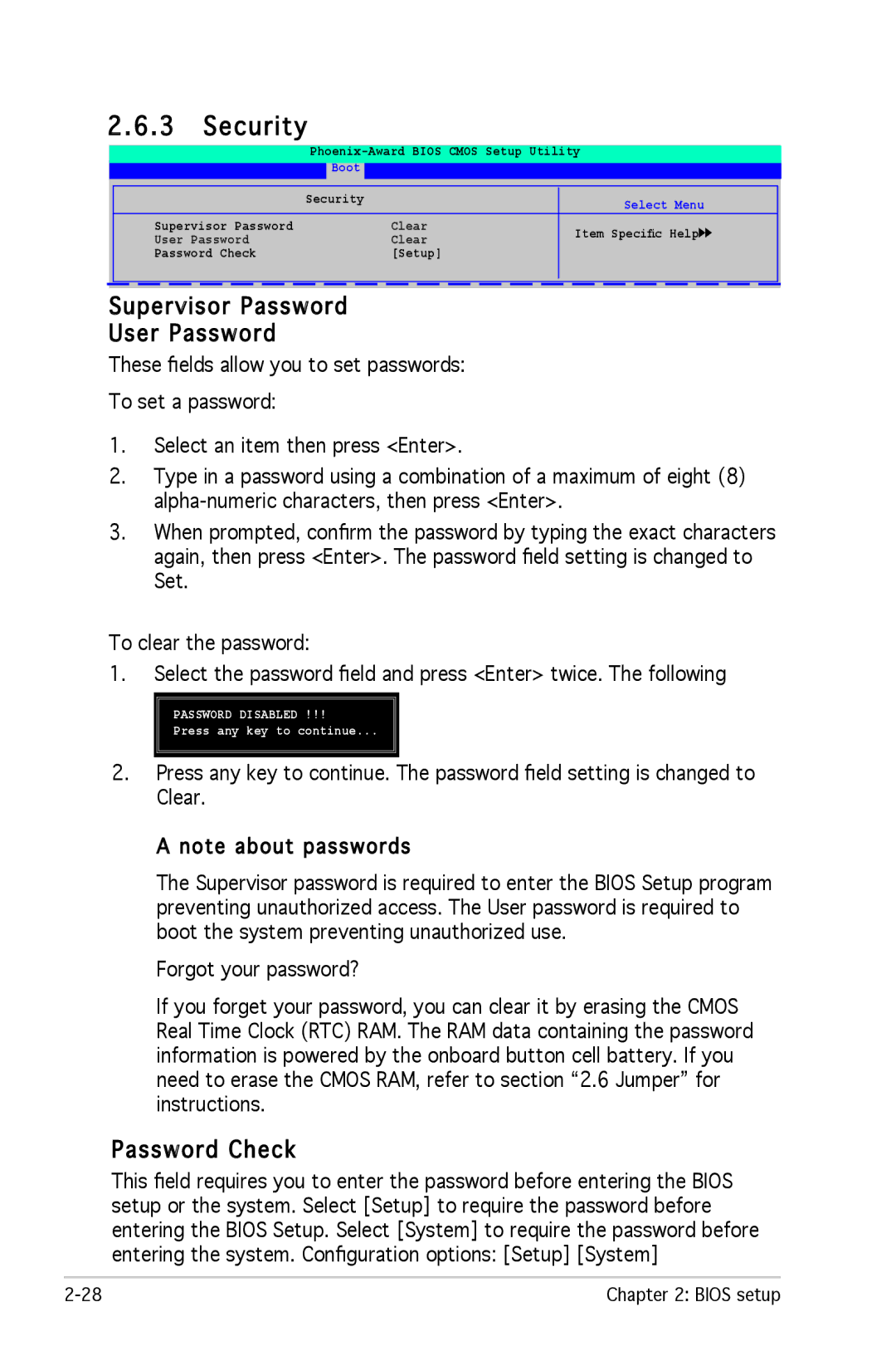 Asus M2R-FVM manual Supervisor Password User Password, Password Check, Press any key to continue 