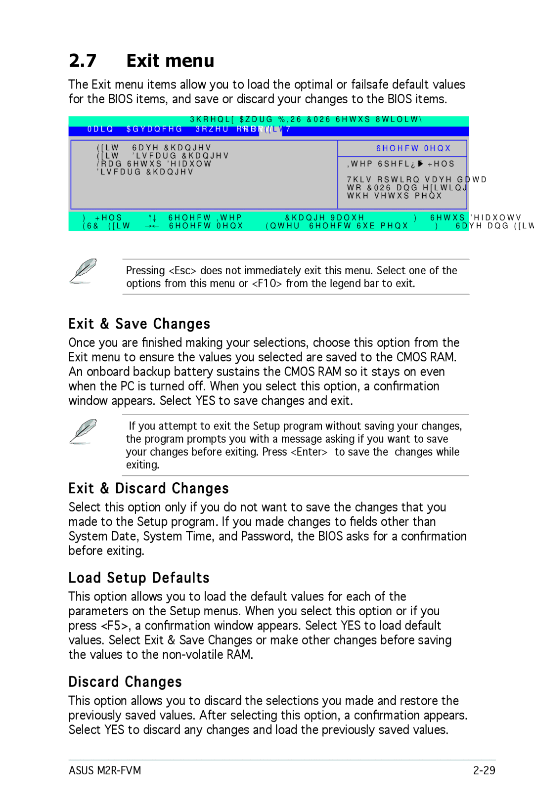 Asus M2R-FVM manual Exit menu, Exit & Save Changes, Exit & Discard Changes, Load Setup Defaults 