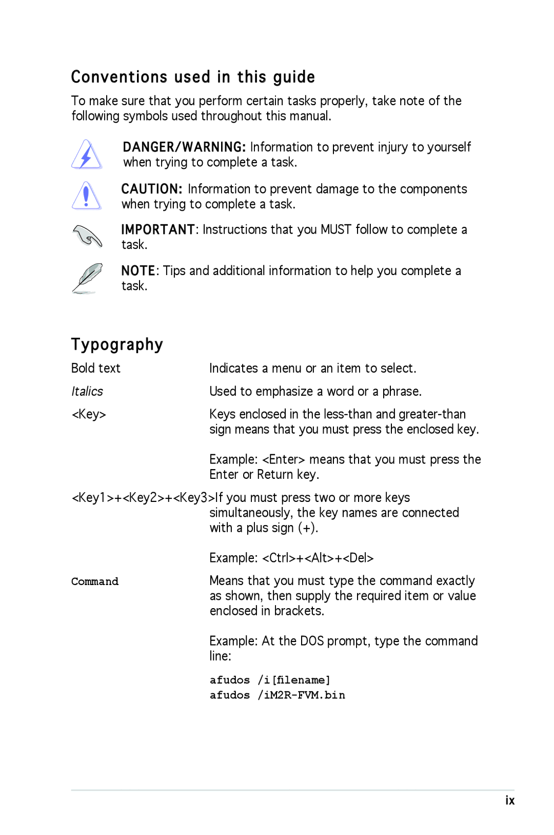 Asus M2R-FVM manual Conventions used in this guide, Typography, Italics 