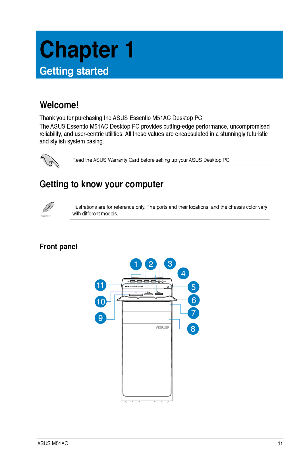 Asus M51BCUS005S, M51ACUS006S, M51ACUS002S, M51ACUS018S, M51ACUS005S Welcome, Getting to know your computer, Front panel 