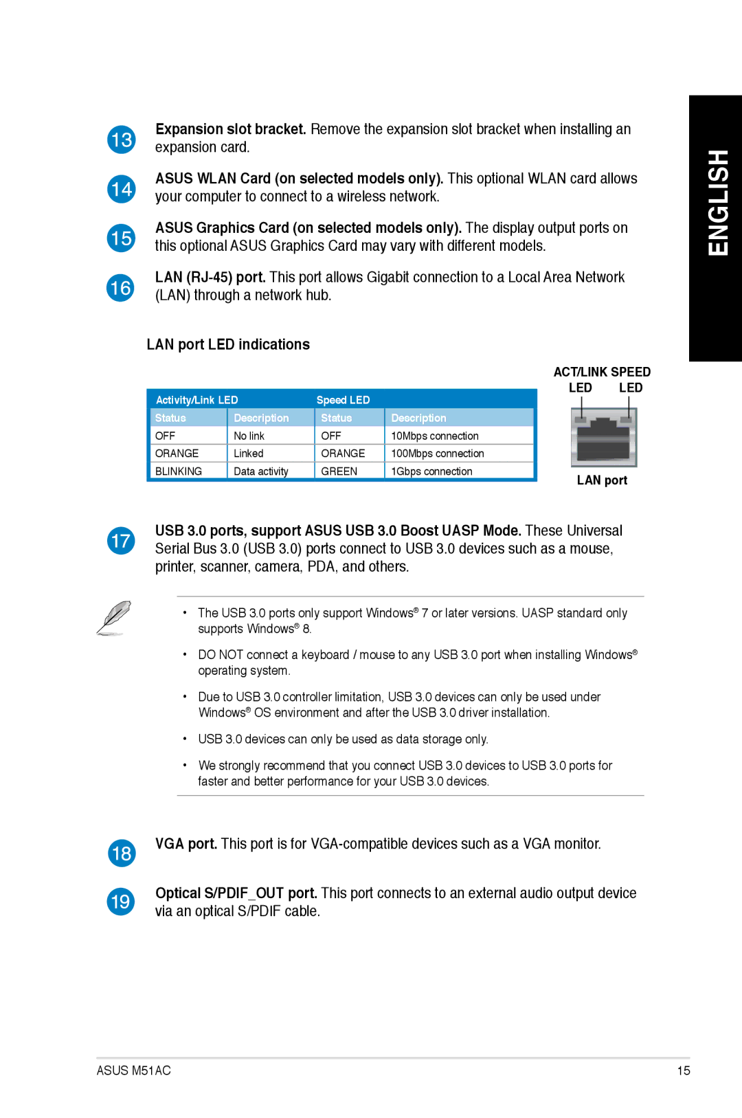 Asus M51AC-US006S, M51ACUS006S, M51ACUS002S LAN port LED indications, Activity/Link LED Speed LED Status Description 