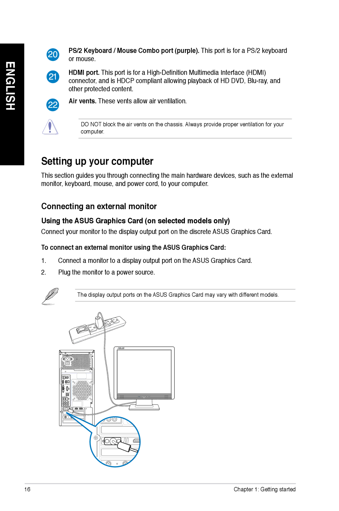 Asus M51ACUS004S, M51ACUS006S, M51ACUS002S, M51BCUS005S, M51ACUS018S Setting up your computer, Connecting an external monitor 