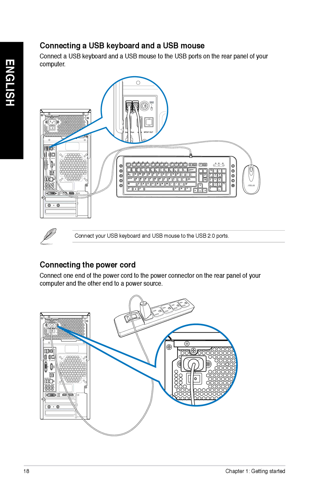 Asus M51ACUS006S, M51ACUS002S, M51BCUS005S, M51ACUS018S Connecting a USB keyboard and a USB mouse, Connecting the power cord 