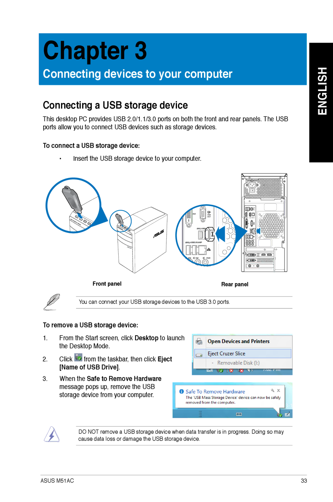 Asus M51AC-US006S Connecting a USB storage device, To connect a USB storage device, To remove a USB storage device 