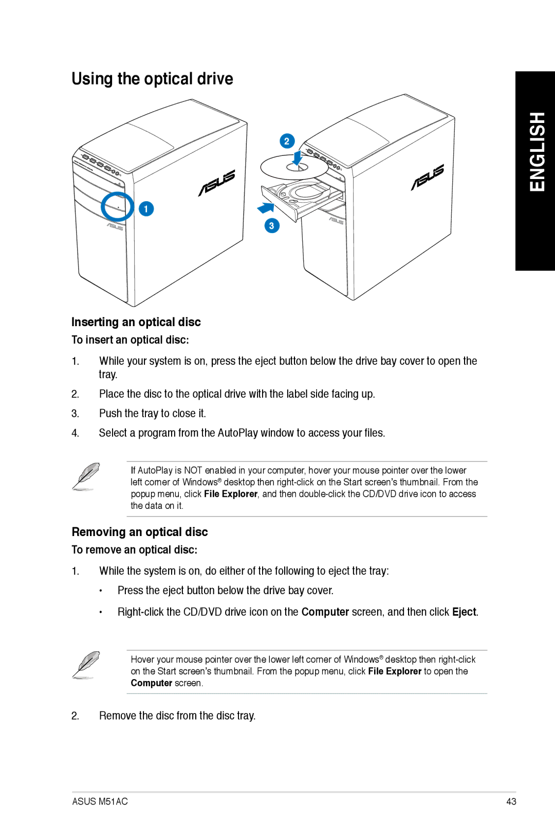 Asus M51ACUS004S Using the optical drive, Inserting an optical disc, Removing an optical disc, To insert an optical disc 