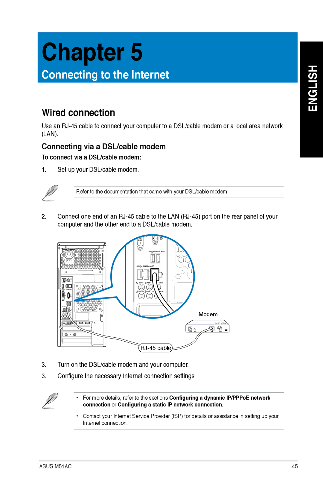 Asus M51ACUS006S, M51ACUS002S Wired connection, Connecting via a DSL/cable modem, To connect via a DSL/cable modem 