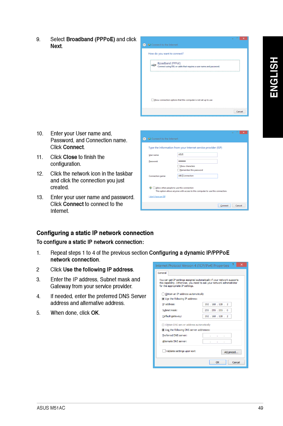 Asus M51ACUS005S, M51ACUS006S user manual Configuring a static IP network connection, Select Broadband PPPoE and click Next 