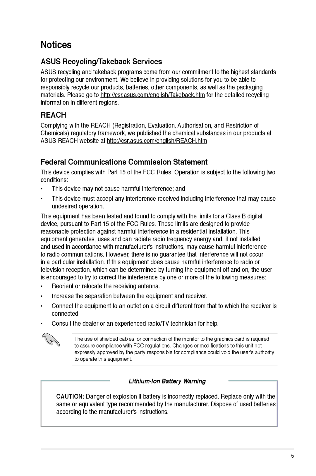 Asus M51AC-US004S, M51ACUS006S, M51ACUS002S Asus Recycling/Takeback Services, Federal Communications Commission Statement 