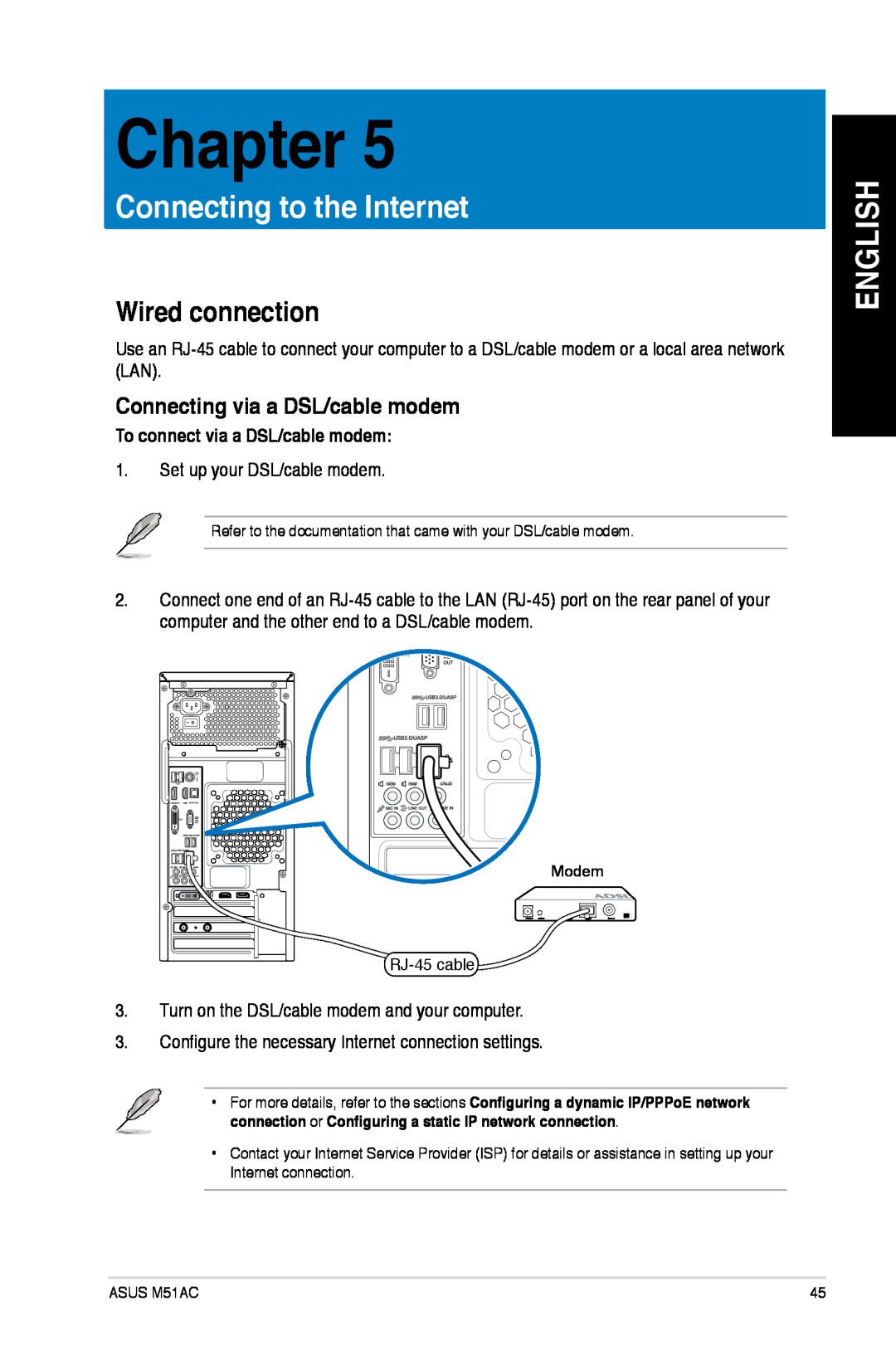 Asus M51ACUS006S Connecting to the Internet, Wired connection, Chapter, English, To connect via a DSL/cable modem 