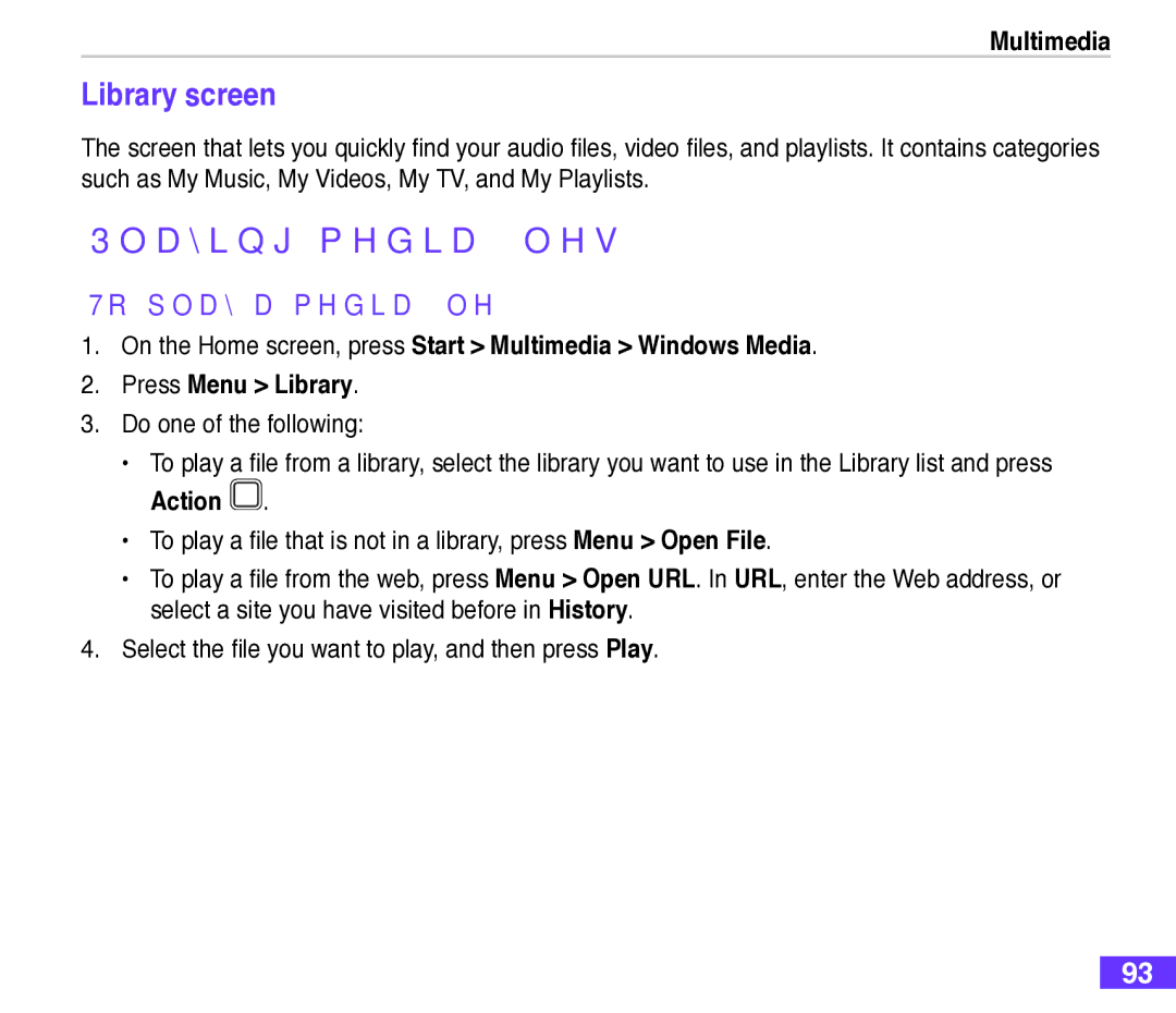 Asus M530w user manual Playing media files, Library screen, To play a media file, Action 