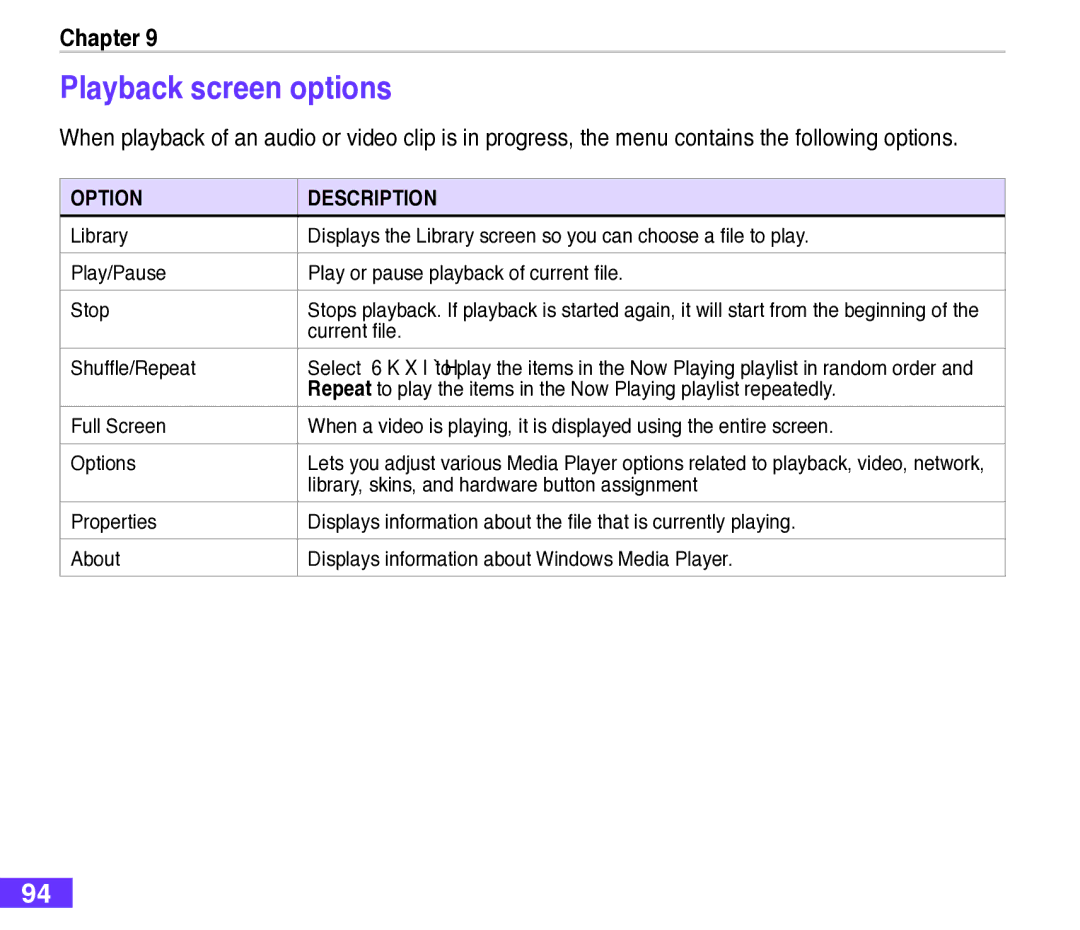 Asus M530w Playback screen options, Current file, Shuffle/Repeat, Library, skins, and hardware button assignment 