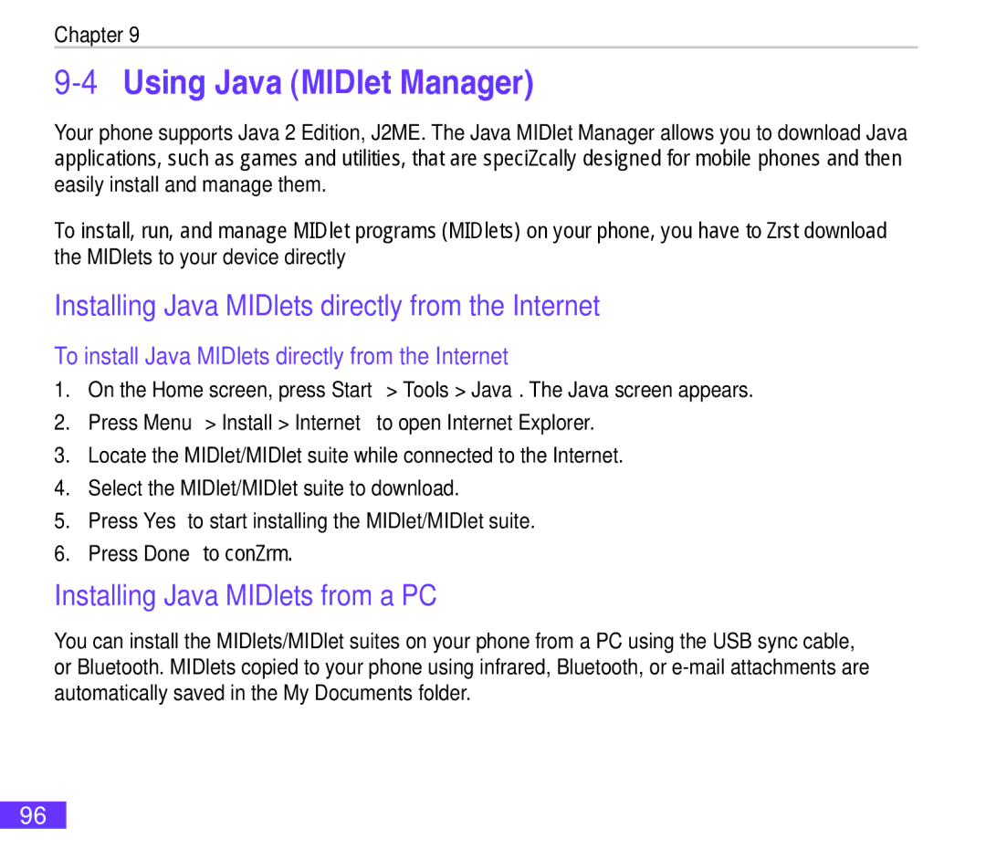 Asus M530w user manual Using Java MIDlet Manager, Installing Java MIDlets directly from the Internet 