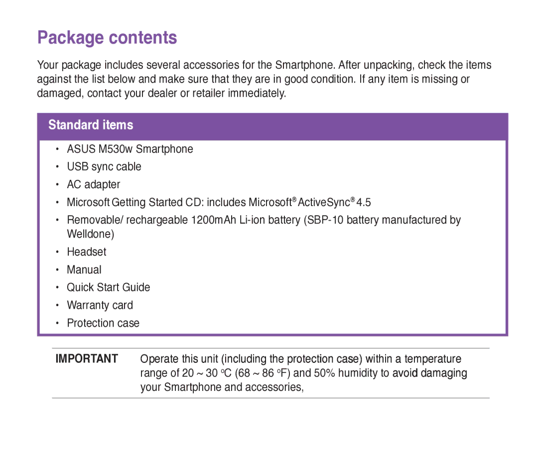 Asus M530w user manual Package contents 