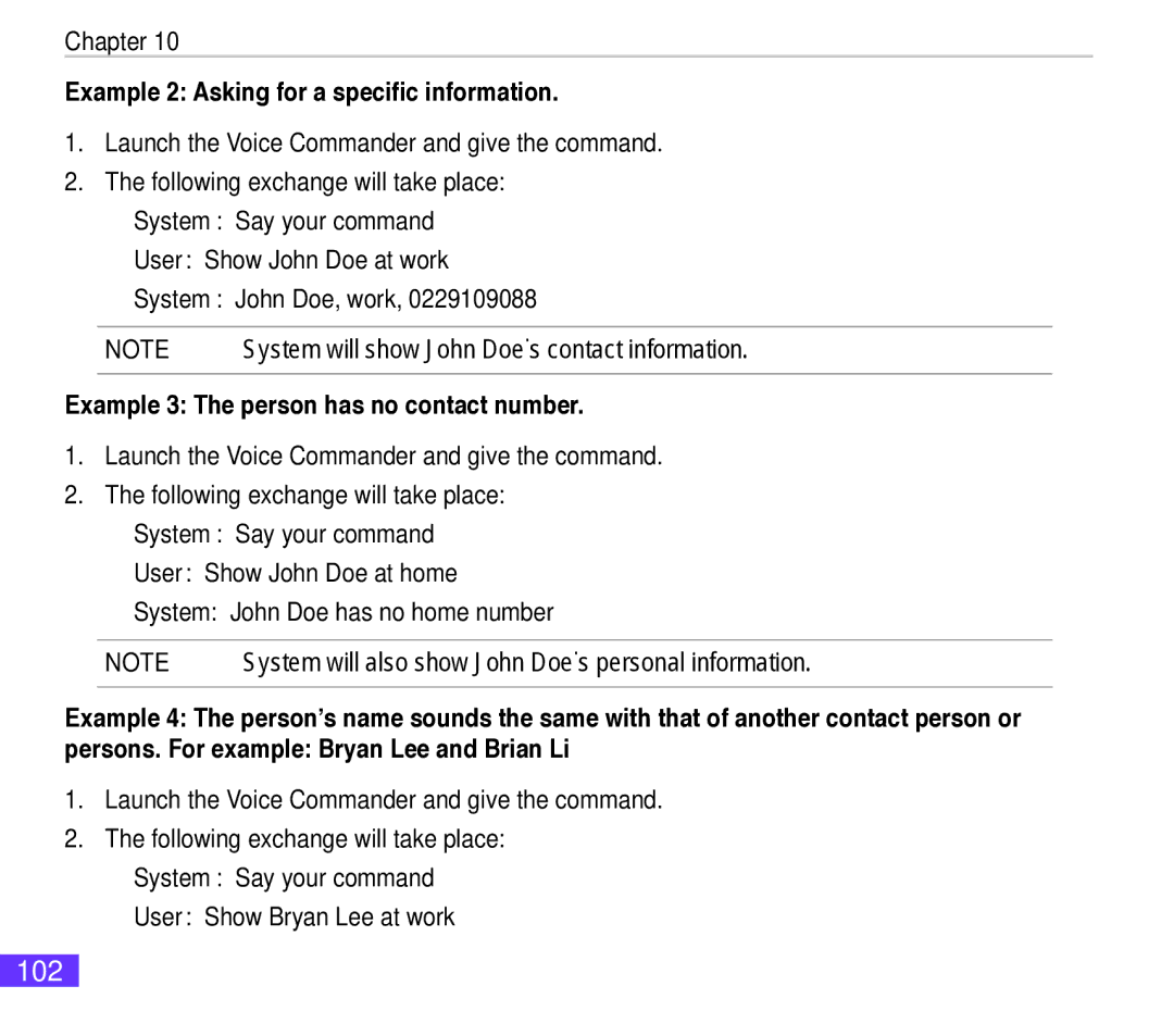 Asus M530w user manual 102, Chapter Example 2 Asking for a specific information, Example 3 The person has no contact number 