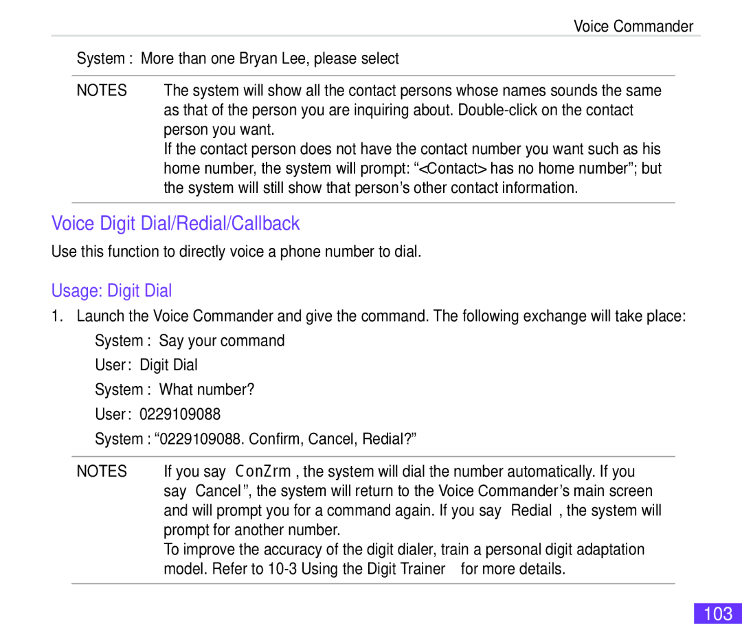 Asus M530w user manual Voice Digit Dial/Redial/Callback, Usage Digit Dial, 103 