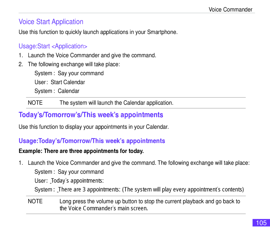 Asus M530w user manual Voice Start Application, Today’s/Tomorrow’s/This week’s appointments, UsageStart Application, 105 