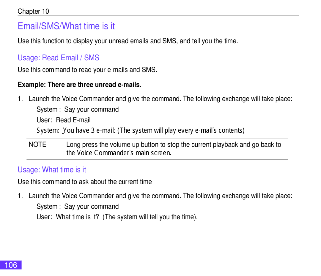 Asus M530w user manual Email/SMS/What time is it, Usage Read Email / SMS, Usage What time is it, 106 