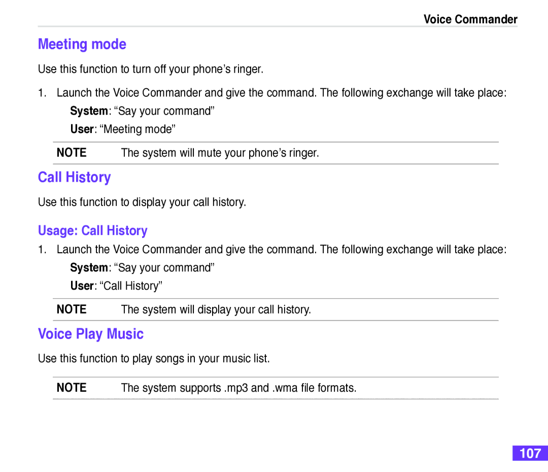 Asus M530w user manual Meeting mode, Voice Play Music, Usage Call History, 107 