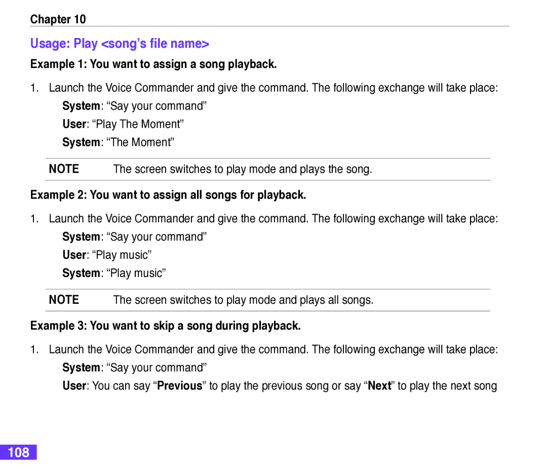 Asus M530w user manual Usage Play song’s file name, 108, Example 1 You want to assign a song playback 