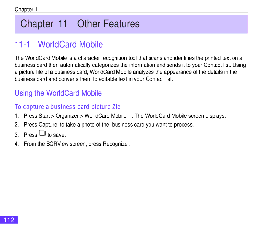 Asus M530w user manual Other Features, Using the WorldCard Mobile, To capture a business card picture file, 112 