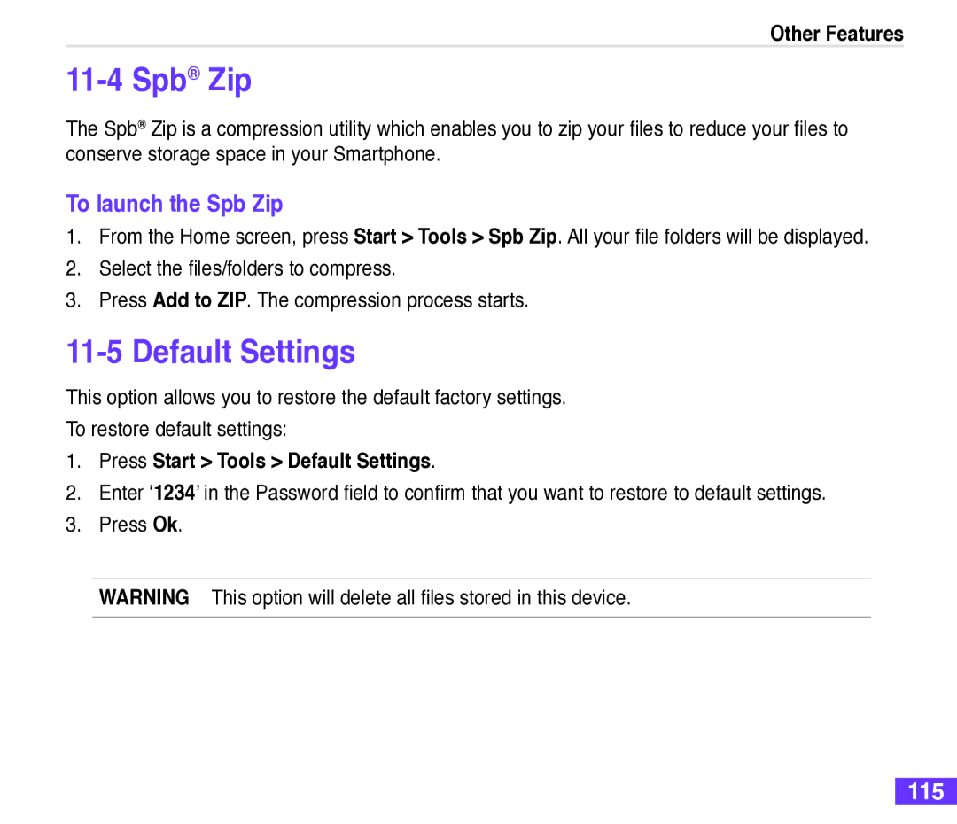 Asus M530w user manual To launch the Spb Zip, 115, Press Start Tools Default Settings 